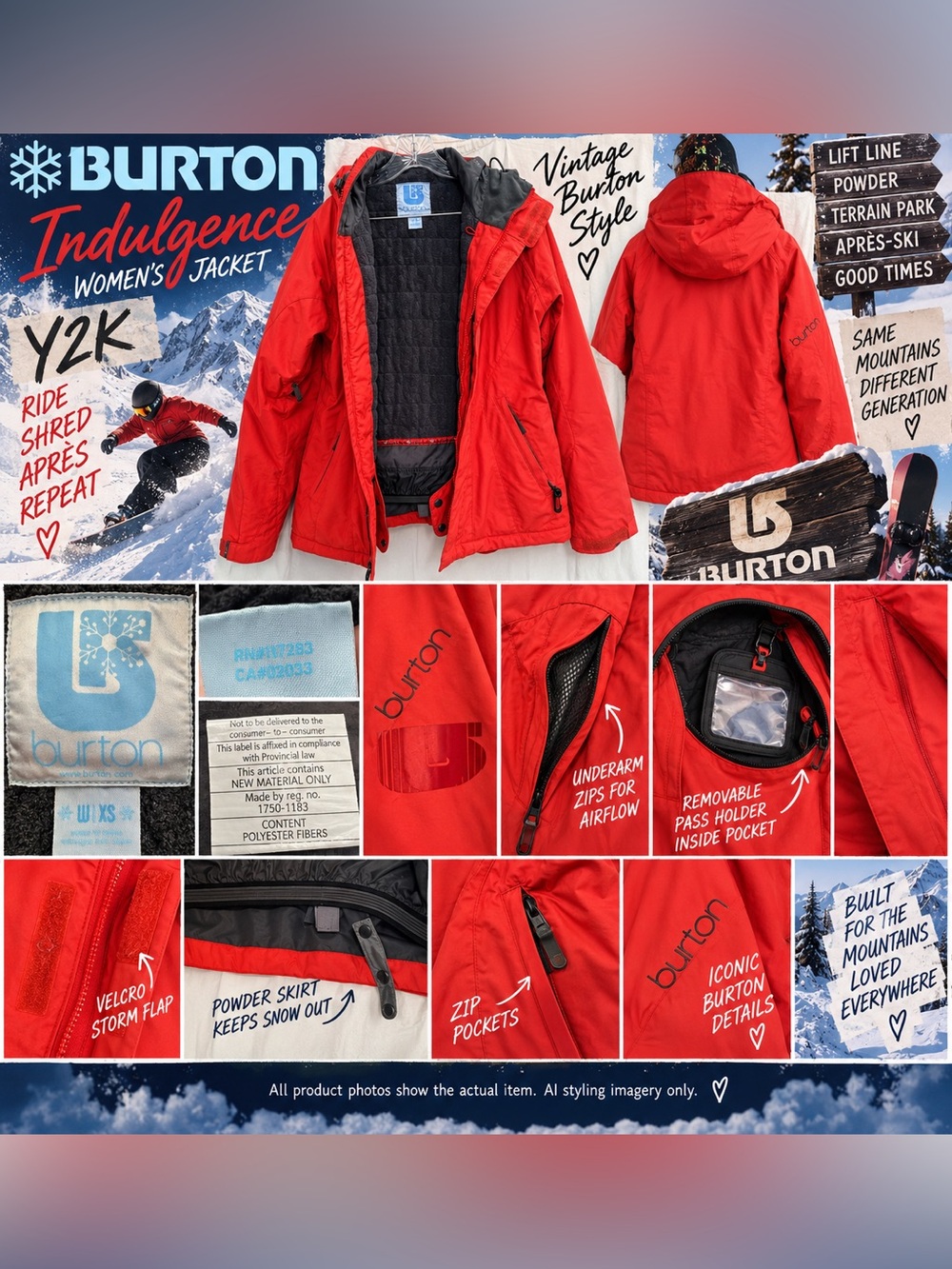 VTG Burton Indulgence Womens XS Poppy Red Y2K Snowboard Ski Jacket Retro EUC